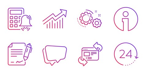 Gears, Demand curve and Refresh website line icons set. Signing document, Speech bubble and Info signs. Calculator alarm, 24 hours symbols. Work process, Statistical report. Technology set. Vector
