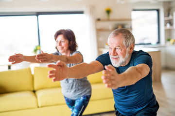 A senior couple indoors at home, doing exercise indoors.