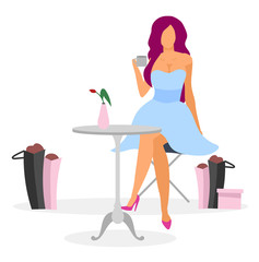 Shopaholic in cafe flat illustration. Elegant lady drinking coffee, happy with new purchases. Cartoon stylish fashionista relaxing after visiting boutique. Female buyer after shopping rush