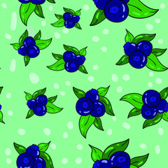 Seamless vector pattern with blueberry on green background. Good for printing. Wallpaper, fabric and textile design. Cute wrapping paper pattern.