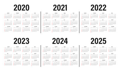Calendar from 2020 to 2025 years template. Calendar mockup design in black and white colors, holidays in red colors, week starts on sunday