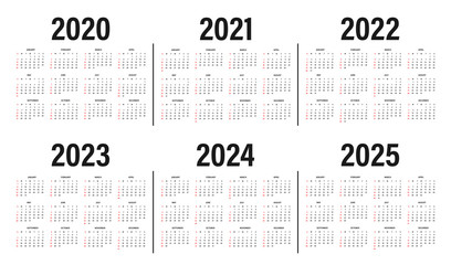 Calendar from 2020 to 2025 years template. Calendar mockup design in black and white colors, holidays in red colors, week starts on sunday