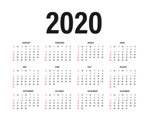 Calendar 2020 template. Calendar mockup design in black and white colors, holidays in red colors, week starts on sunday