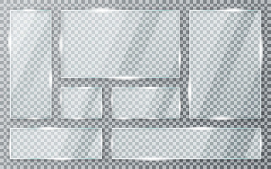 Glass plates set on transparent background. Acrylic and glass texture with glares and light. Realistic transparent glass window in rectangle frame - obrazy, fototapety, plakaty