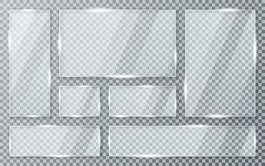 Deurstickers Glass plates set on transparent background. Acrylic and glass texture with glares and light. Realistic transparent glass window in rectangle frame © Yevhenii
