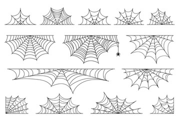 Set of spider web for Halloween. Halloween cobweb, frames and borders, scary elements for decoration. Hand drawn spider web or cobweb with hanging spider
