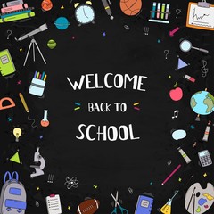 Fototapeta na wymiar Welcome back to school text drawing by colorful in blackboard with school items and elements. Vector illustration banner.