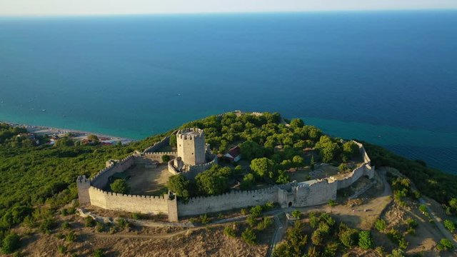 Aerial drone video of iconic and unique medieval castle and Bourtzi tower of Methoni in the heart of Messene, Peloponnese, Greece
