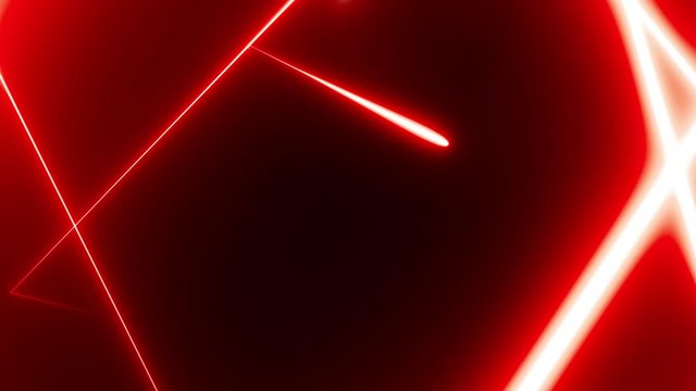 Neon triangle tunnel abstract motion background. Triangle composed of colorful red lines and camera moving through it on black background. 3D rendering 4k video.