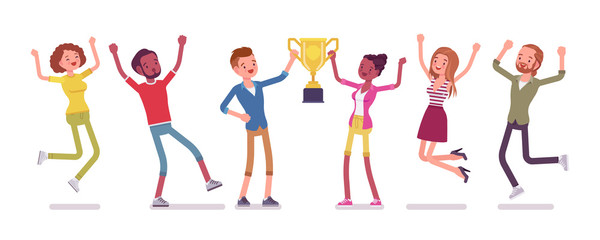 Winner teenager team with trophy. Happy teens celebrating mutual victory, sport or science event achievement, jumping with joy. Vector flat style cartoon illustration isolated on white background