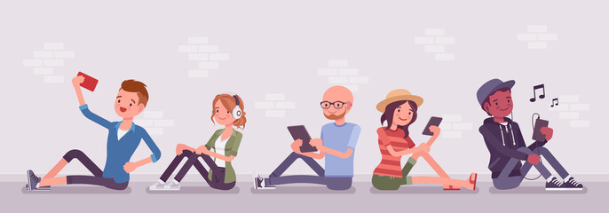 Fototapeta premium Young people with gadgets. Diverse group sitting using smartphone, tablet for messaging services, email, video calls and social networking apps, taking selfie. Vector flat style cartoon illustration