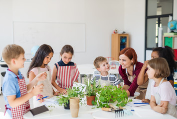A group of small school kids with teacher standing in circle in class, planting herbs.