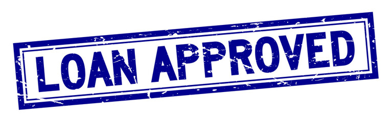 Grunge blue loan approved square rubber seal stamp on white background