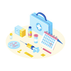 Medical equipment isometric color illustration. Immunization, inoculation, vaccination. Vaccine protection. Syringe, vaccine bottle, pencil, calendar, medical box 3d concept