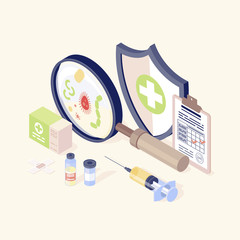 Vaccination equipment isometric color illustration. Healthcare, immunisation. Disease prevention and health promotion. Vaccination records, vial and syringe, virus, magnifying glass 3d concept