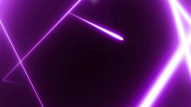 Neon triangle tunnel abstract motion background. Triangle composed of vivid purple lines and camera moving through it on black background. 3D rendering 4k video.