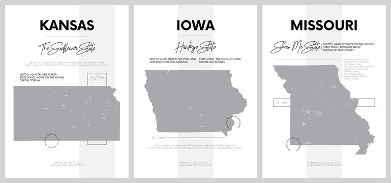 Vector posters with highly detailed silhouettes of maps of the states of America, Division West North Central - Kansas, Iowa, Missouri - set 6 of 17