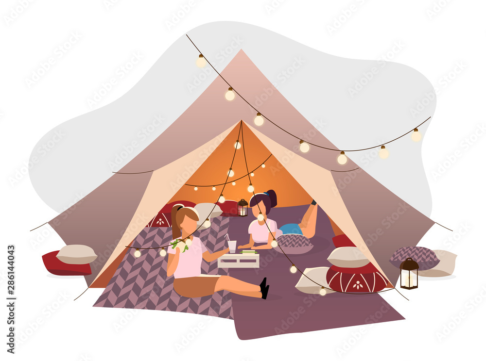 Wall mural Girls resting in tent flat illustration. Female friends, tourists lying on blankets in teepee decorated with lightbulb garlands. Young campers having fun in summer camp drinking cocktails