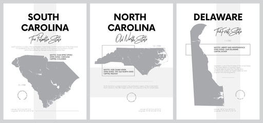 Vector posters with highly detailed silhouettes of maps of the states of America, Division South Atlantic - South Carolina, North Carolina, Delaware - set 9 of 17