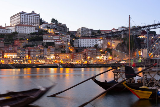 View from Gaia to Porto with Douro river in the evening, Portugal