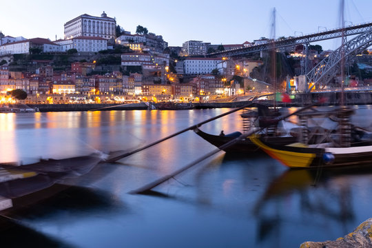 View from Gaia to Porto with Douro river in the evening, Portugal