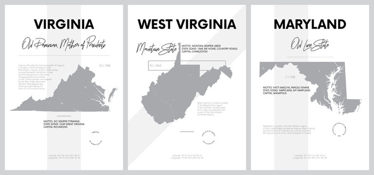 Vector posters with highly detailed silhouettes of maps of the states of America, Division South Atlantic - Virginia, West Virginia, Maryland - set 8 of 17