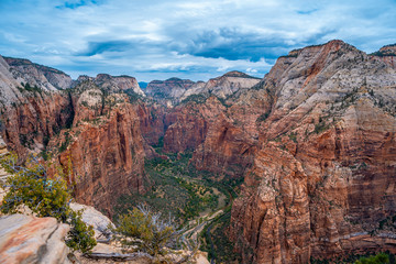 The incredible views from the Angels Landing Trail up the mountain in Zion National Park, Utah. United States
