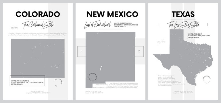Vector posters with highly detailed silhouettes of maps of the states of America, Division Mountain and West South Central - Colorado, New Mexico, Texas - set 13 of 17