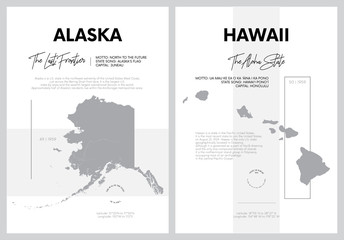 Vector posters with highly detailed silhouettes of maps of the states of America, Division Pacific - Alaska, Hawaii - set 17 of 17
