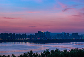 skyline at sunrise in seoul city south korea