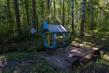 Holy spring in honor of the icon of the Blessed Virgin Mary. Inexhaustible bowl in a dense forest, Russia.