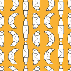 Set of bakery and pastry in style outline on colored background. Seamless pattern with icons of croissants, bagels, rolls, buns from puff pastry. Vector template for pastry, bakeries, wrapping paper.
