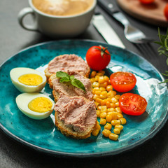 breakfast, egg, pate sandwich, vegetables, coffee (tomato, corn, other ingredients) menu. top food background. copy space