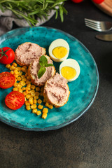 breakfast, egg, pate sandwich, vegetables, coffee (tomato, corn, other ingredients) menu. top food background. copy space