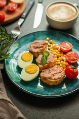 breakfast, egg, pate sandwich, vegetables, coffee (tomato, corn, other ingredients) menu. top food background. copy space