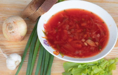  still life borscht plate, onions, garlic, bread.