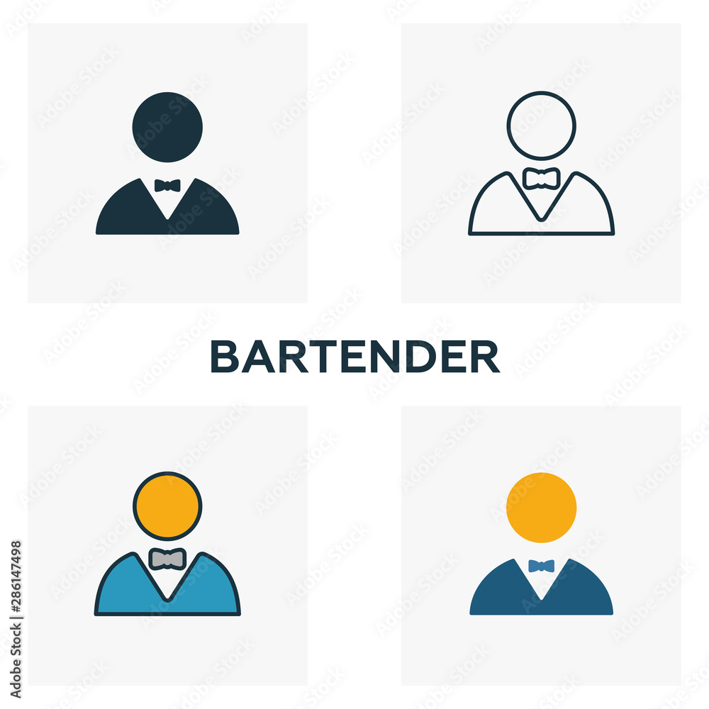 Poster bartender icon set. four elements in diferent styles from bar and restaurant icons collection. creat