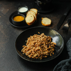 buckwheat with mushrooms (buckwheat porridge, no meat) vegetarian menu. top food background. copy space