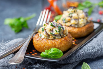 Stuffed mushrooms with eggplant and herbs.