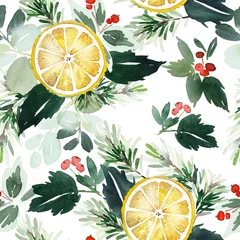 Wallpaper murals Watercolor fruits Seamless watercolor Christmas pattern with berries and spruce