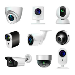 Surveillance camera or CCTV, security and watching devices isolated objects