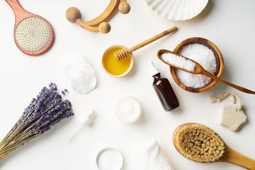 Fototapeta na wymiar Spa beauty skincare flatlay with lavender and fresh ingredients or homemade beauty products and scrubs. Overhead view, copy space.