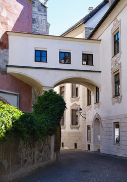 Bridge between Church of the Assumption and the city palace, Schwaz, Tyrol, Austria