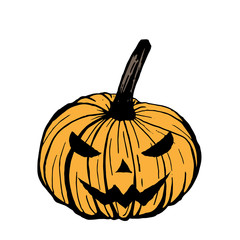 Halloween pumpkin Jack o'lantern with spooky smile, hand drawn vector illustration isolated on white background.