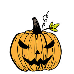 Classic Jack o'lantern Halloween pumpkin with scary face, hand drawn vector illustration isolated on white background.