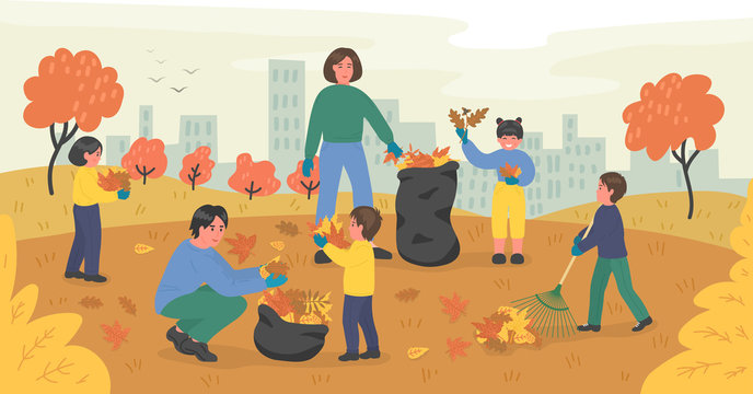 Family Of Volunteers Cleaning Up Autumn Leaves In The City Park.