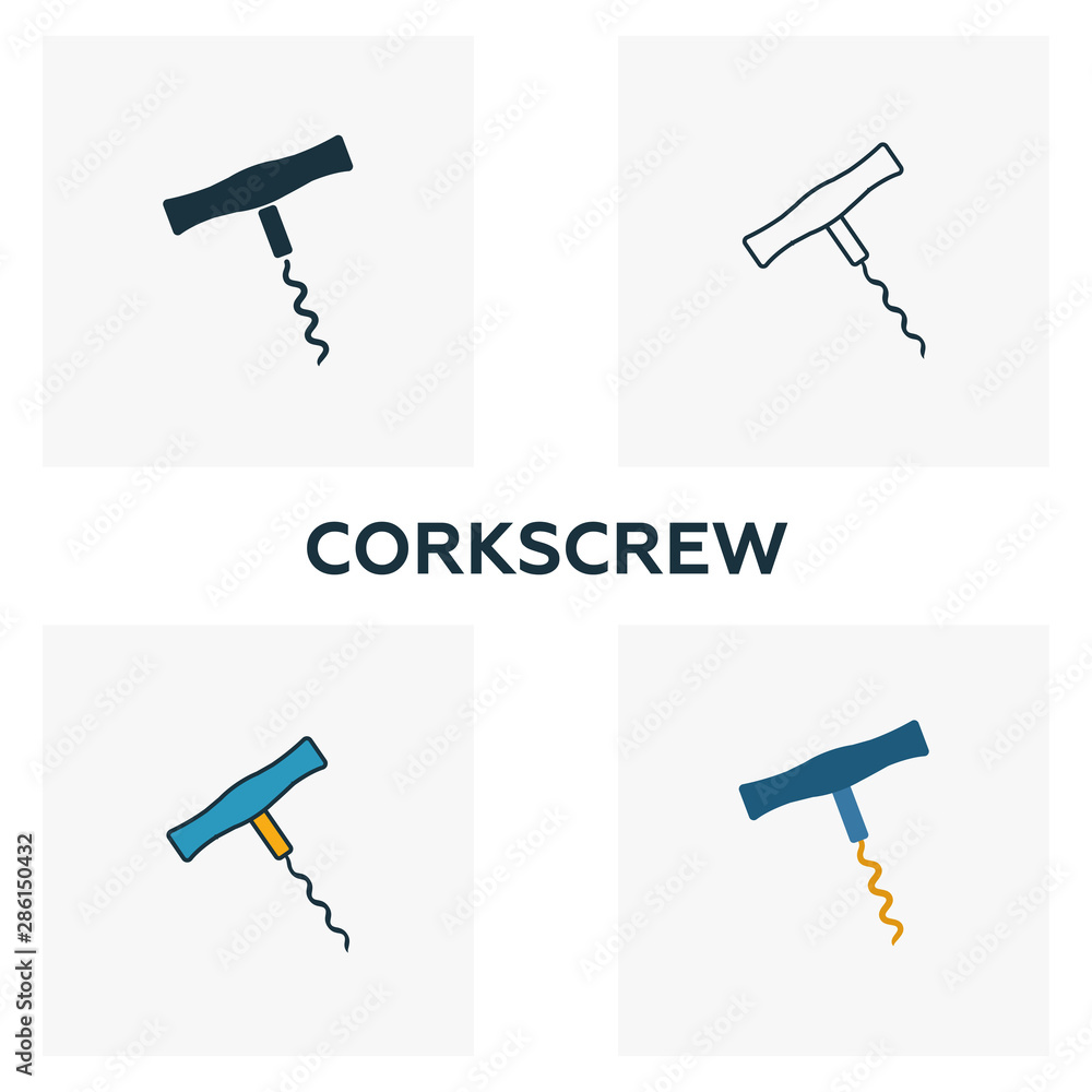 Poster corkscrew icon set. four elements in diferent styles from bar and restaurant icons collection. creat