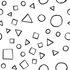 Seamless texture of linear basic shape doodles. Hand drawn squares, circles and triangles pattern.