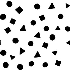 Seamless texture of basic shape doodles. Hand drawn squares, circles and triangles pattern.