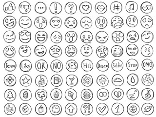 Emoticons emoji avatars smiles doodle pencil signs set